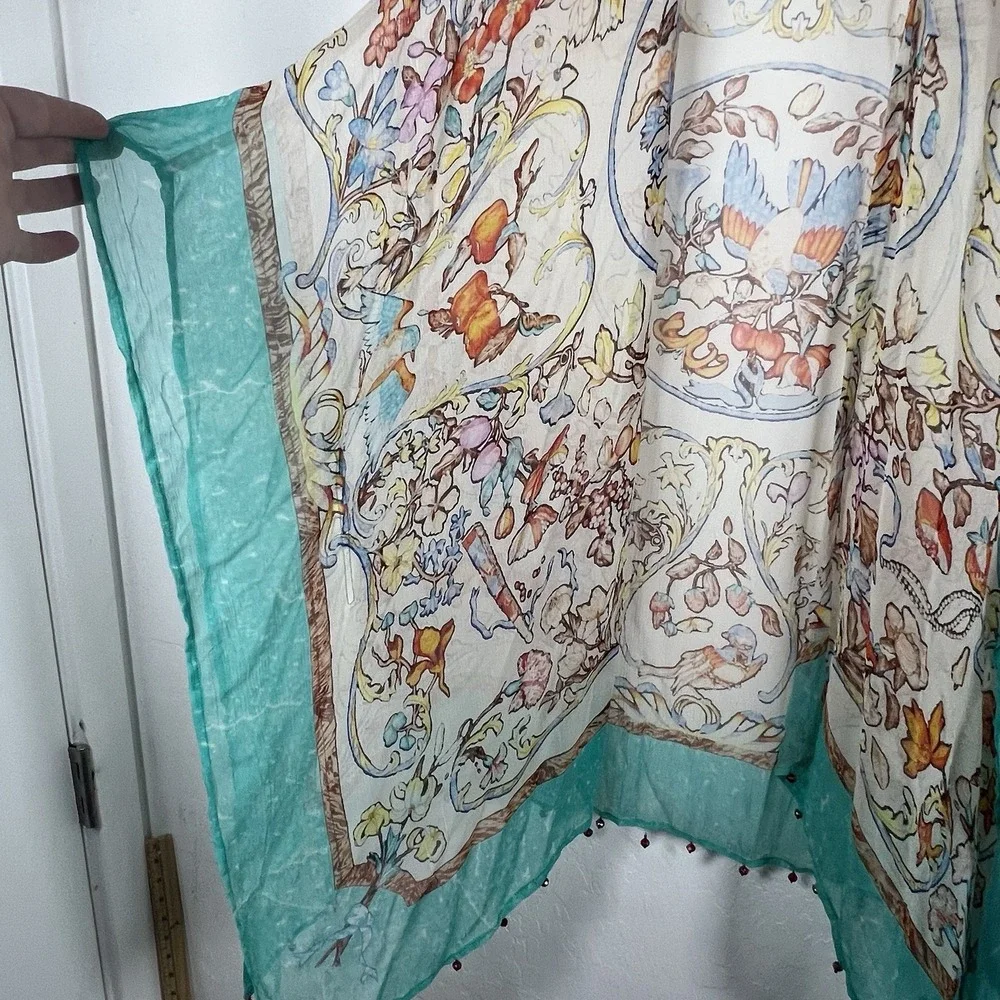 Soft Surroundings Floral Bird Print Sheer Kimono Caftan Cover Up Teal Beaded S M